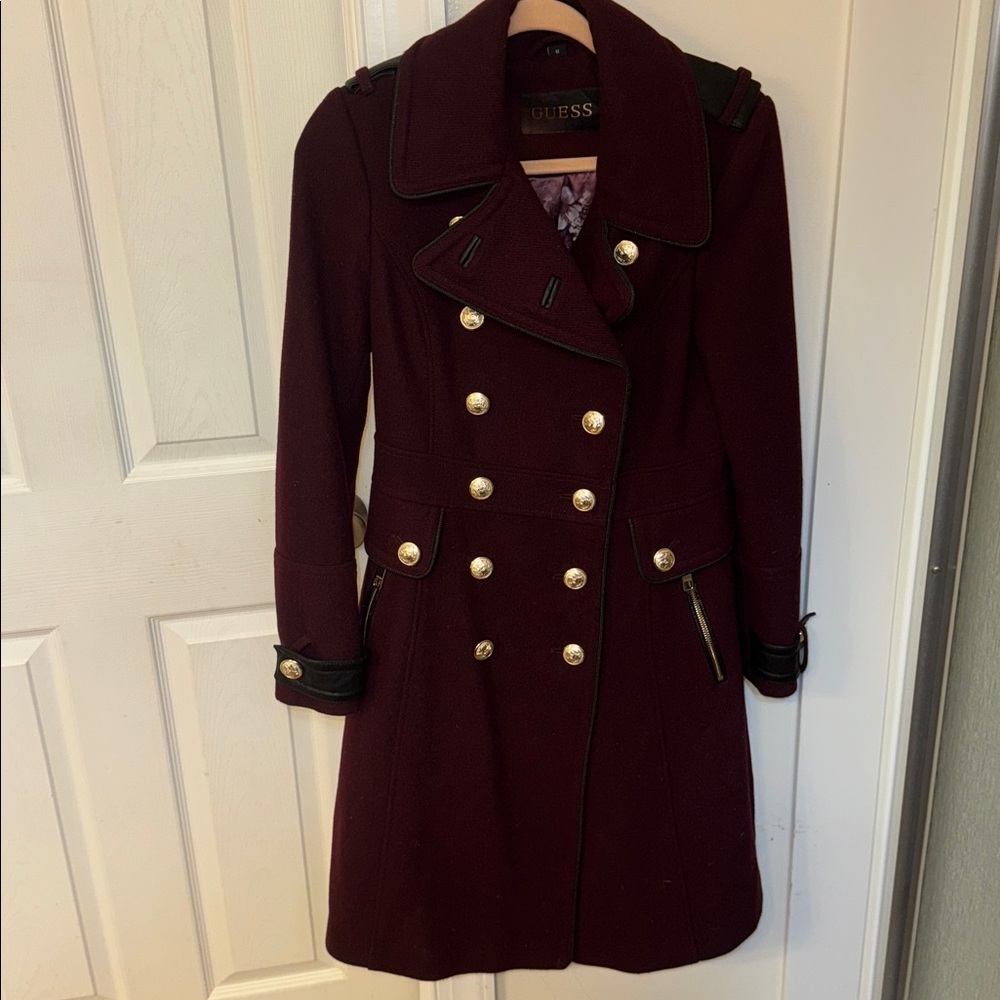Guess Maroon Double-Breasted Coat with Silver Buttons